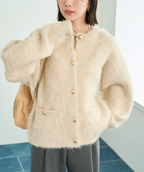 限定展開 ミックスシャギー 金ボタン ニット カーディガン