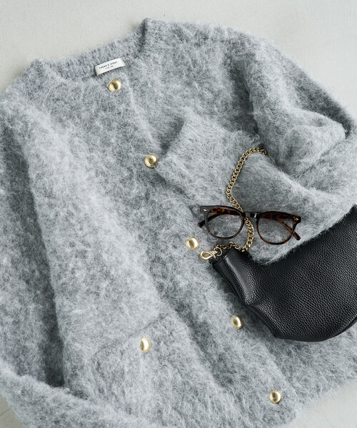 限定展開 ミックスシャギー 金ボタン ニット カーディガン