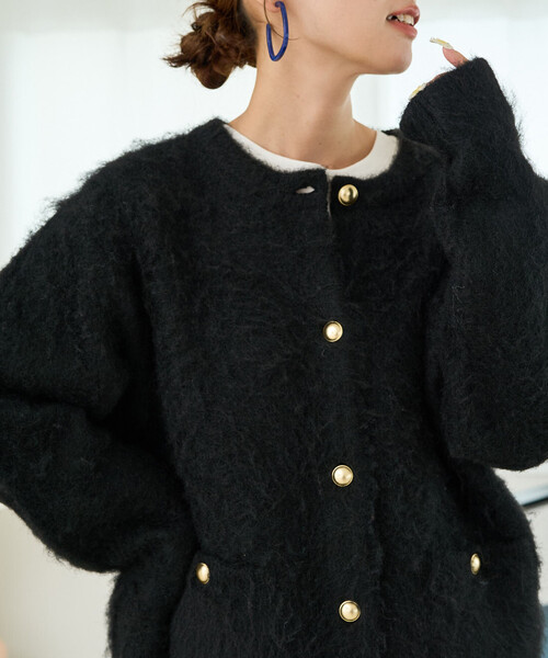 限定展開 ミックスシャギー 金ボタン ニット カーディガン