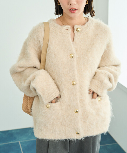 限定展開 ミックスシャギー 金ボタン ニット カーディガン