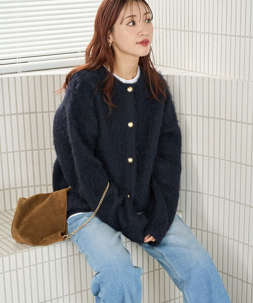 セール】限定展開 ミックスシャギー 金ボタン ニット カーディガン