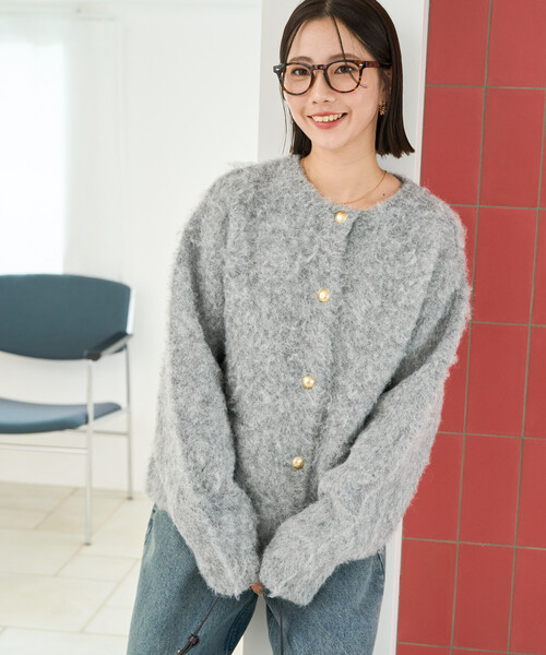 23AW FRAMeWORK シャギーニットカーディガン 金ボタン ホワイト 限定展開 ミックスシャギー 金ボタン ニット カーディガン