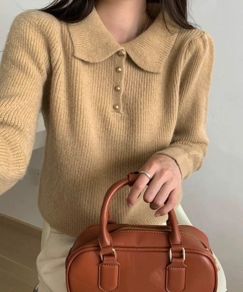Miniministore(ミニミニストア)の「ポロカラーニットトップス ゴールドボタン(ニット/セーター・レディース・ワインレッド/アイボリー/ラベンダー/ライトブルー/ブラック/ベージュ・FREE)」の1枚目の写真