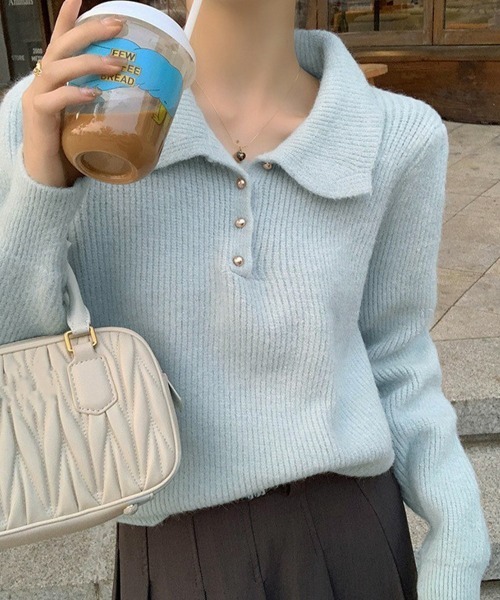 Miniministore(ミニミニストア)の「ポロカラーニットトップス ゴールドボタン(ニット/セーター・レディース・ワインレッド/アイボリー/ラベンダー/ライトブルー/ブラック/ベージュ・FREE)」の4枚目の写真