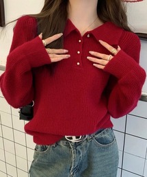 ポロカラーニットトップス ゴールドボタン