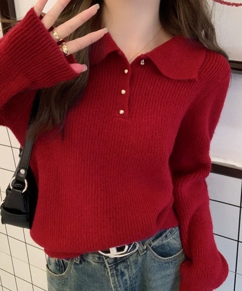 Miniministore(ミニミニストア)の「ポロカラーニットトップス ゴールドボタン(ニット/セーター・レディース・ワインレッド/アイボリー/ラベンダー/ライトブルー/ブラック/ベージュ・FREE)」の20枚目の写真