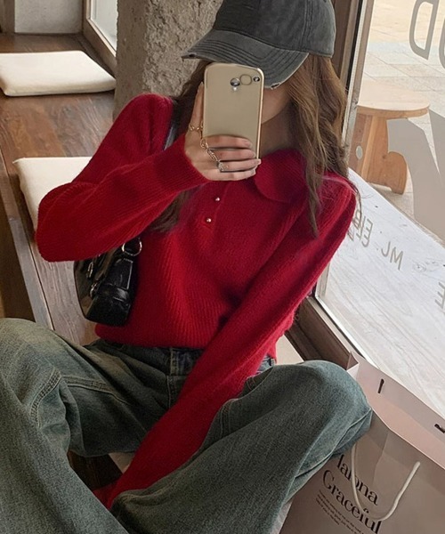 Miniministore(ミニミニストア)の「ポロカラーニットトップス ゴールドボタン(ニット/セーター・レディース・ワインレッド/アイボリー/ラベンダー/ライトブルー/ブラック/ベージュ・FREE)」の19枚目の写真