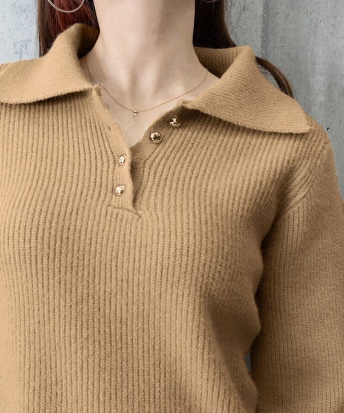 Miniministore(ミニミニストア)の「ポロカラーニットトップス ゴールドボタン(ニット/セーター・レディース・ワインレッド/アイボリー/ラベンダー/ライトブルー/ブラック/ベージュ・FREE)」の10枚目の写真