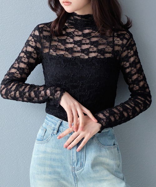 Rejoule(リジュール)の「ストレッチレース ハイネックシアートップス(Tシャツ/カットソー・レディース・ブラック/アイボリー/ブラウン・FREE)」の7枚目の写真
