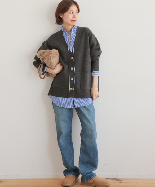追加》[25AW新作］コットンカシミヤミックスダブルニットVネック