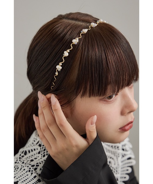 パールビーズウェーブカチューシャ ヘアアクセサリー ゴールド