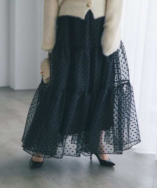 La boutique BonBon(ラブティックボンボン)の「【3サイズ展開あり】ドットフロッキーティアードスカート(ブラック)(スカート・レディース・ブラック・PS/36/FREE)」の2枚目の写真