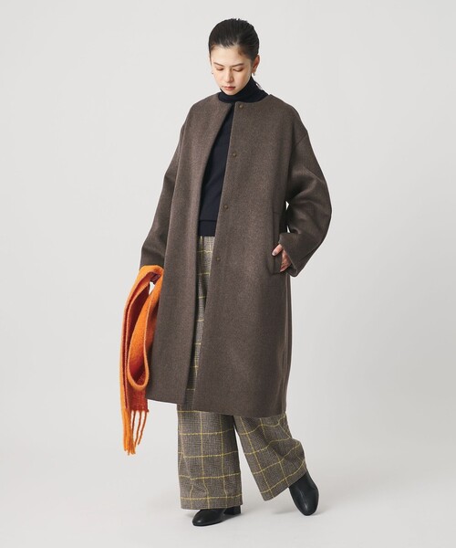 美品✨ユナイテッドアローズ　カシミヤ混　ノーカラーロングコート　グレージュ　34 毛ナイロン ノーカラーコート（その他アウター）｜BEAUTY&YOUTH UNITED