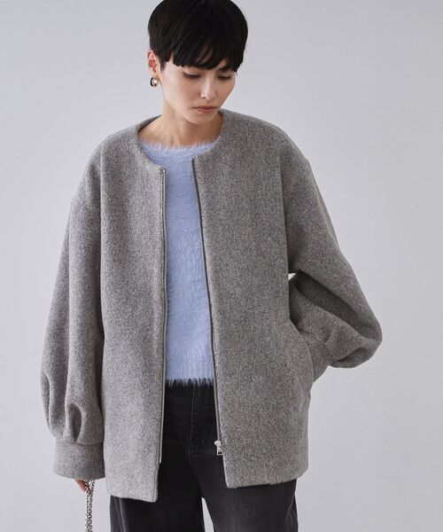 もこもこノーカラージップミドルコート【洗える】（ノーカラーコート