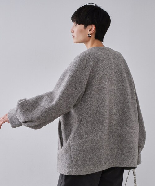 もこもこノーカラージップミドルコート【洗える】（ノーカラーコート