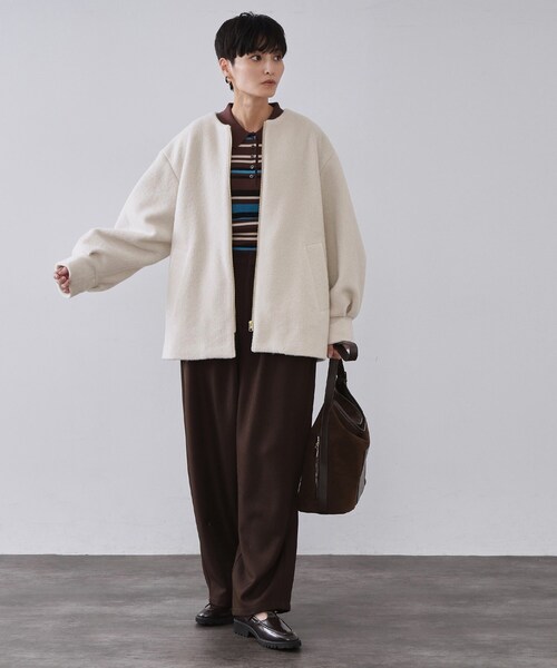 もこもこノーカラージップミドルコート【洗える】（ノーカラーコート