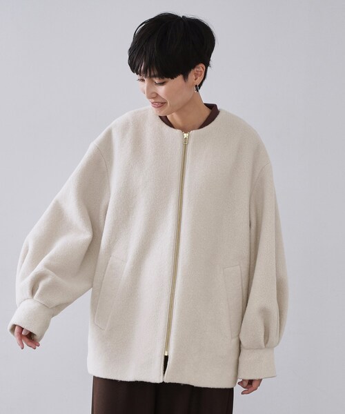 もこもこノーカラージップミドルコート【洗える】（ノーカラーコート