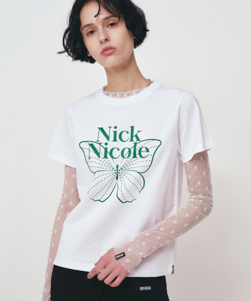 NICK&NICOLE(ニックアンドニコール)の「BUTTERFLY NICOLE LABEL SLIM TOP_WHITE GREEN(Tシャツ/カットソー・レディース・その他・FREE)」の1枚目の写真