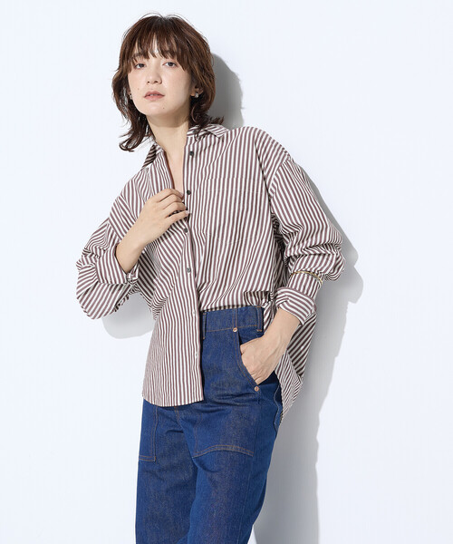 COMME CA Wardrobe(コムサワードローブ)の「オーガニックキュプラ混 ストライプシャツ(シャツ/ブラウス・レディース・ネイビー/ブラウン・FREE)」の13枚目の写真