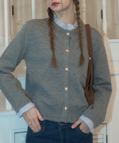 フリル襟付きニットCD/Knit cardigan with ruffle collar