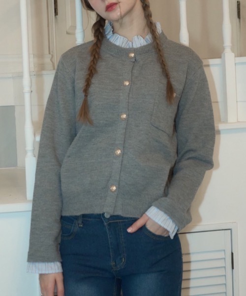 フリル襟付きニットCD/Knit cardigan with ruffle collar