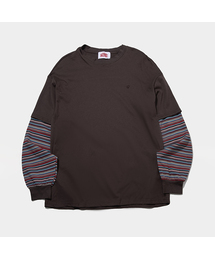 SOME PLACE（サムプレイス）の「Tone-on-tone sleeve stripe color block layered t-shirt [brown]（Tシャツ/カットソー）」