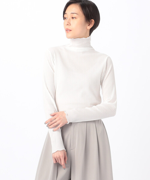 Gabardine K.T(ギャバジンケーティー)の「〔 +サイズ 〕 【前後2WAY】シアーストライプジャージー シアーストライプカットソー(Tシャツ/カットソー・レディース・グリーン系その他/ホワイト/ライトグレー/サックスブルー・13号/17号)」の1枚目の写真