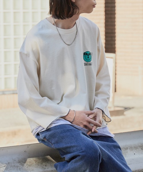 DIET BUTCHER SLIM SKIN(ダイエットブッチャースリムスキン)の「DIET BUTCHER SLIM SKIN/ダイエットブッチャースリムスキン SINE WAVE LS バックプリント クルーネックロンT(Tシャツ/カットソー・メンズ・オレンジ/パープル/グリーン/チャコールグレー/ナチュラル/ライトピンク・FREE)」の2枚目の写真