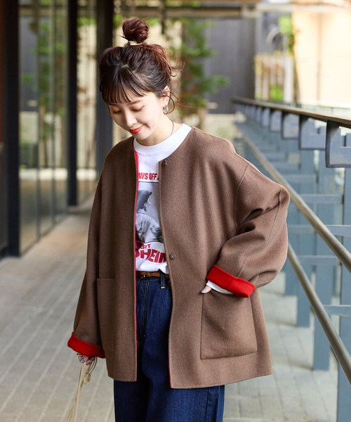 B.C STOCK（ベーセーストック）の「《追加》S120ブレンドショート丈リバーシブルコート（その他アウター・レディース・チャコールグレー/ネイビー/ブラウン・FREE）」の2枚目の写真