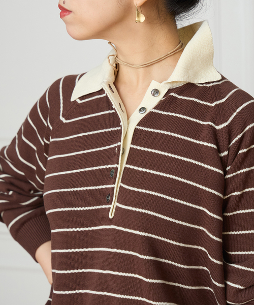 IENA LA BOUCLE(イエナラブークル)の「IENA LA BOUCLE ボーダーラガーシャツニット(ニット/セーター・レディース・ブラウン/グレー・FREE)」の1枚目の写真