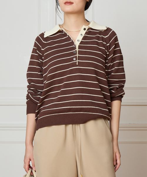 IENA LA BOUCLE(イエナラブークル)の「IENA LA BOUCLE ボーダーラガーシャツニット(ニット/セーター・レディース・ブラウン/グレー・FREE)」の4枚目の写真