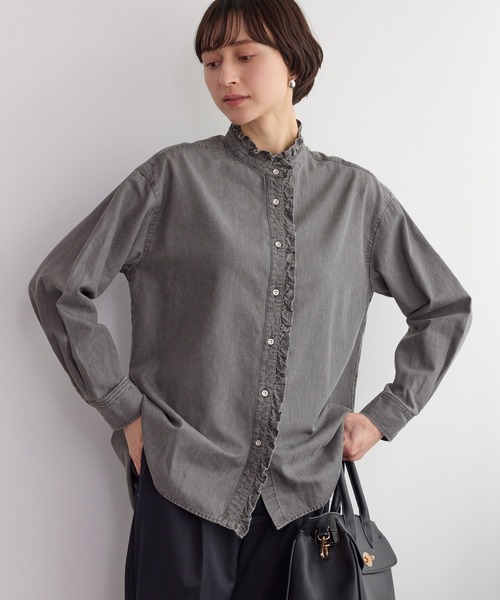 ROPE' PICNIC(ロペピクニック)の「シャンブレーフリルシャツ/イージーケア(シャツ/ブラウス・レディース・チャコールグレー/サックスブルー・FREE)」の3枚目の写真
