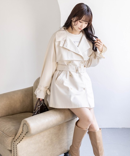 clear（クリア）の「ウエストベルトミドル丈トレンチジャケット（トレンチコート・レディース・アイボリー/ベージュ/グレー・F）」の2枚目の写真