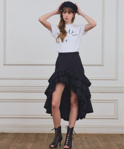EIMY ISTOIRE(エイミーイストワール)の「【PRE ORDER】バックロングティアードフリルスカート(スカート・レディース・キャメル/ブラック・38/36)」の3枚目の写真