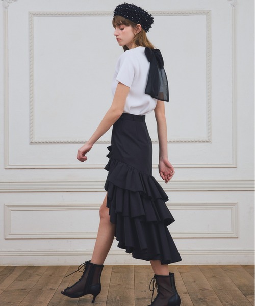 EIMY ISTOIRE(エイミーイストワール)の「【PRE ORDER】バックロングティアードフリルスカート(スカート・レディース・キャメル/ブラック・38/36)」の5枚目の写真