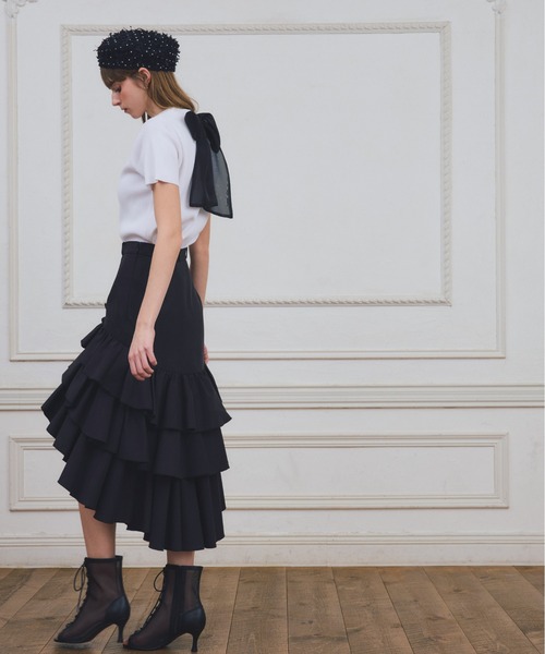 EIMY ISTOIRE(エイミーイストワール)の「【PRE ORDER】バックロングティアードフリルスカート(スカート・レディース・キャメル/ブラック・38/36)」の6枚目の写真