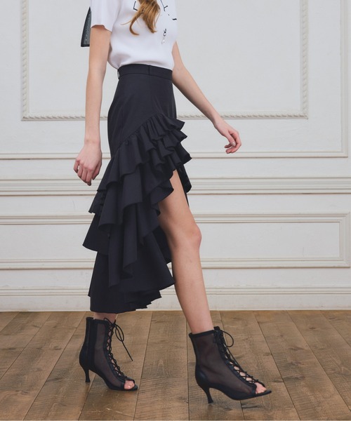 EIMY ISTOIRE(エイミーイストワール)の「【PRE ORDER】バックロングティアードフリルスカート(スカート・レディース・キャメル/ブラック・38/36)」の7枚目の写真