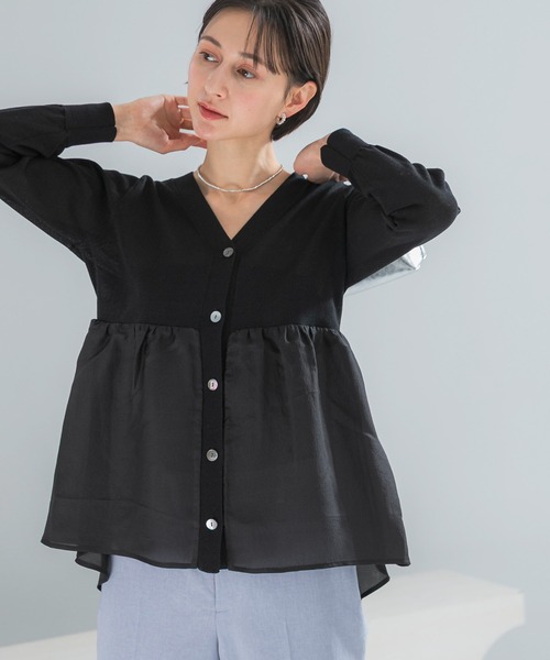 URBAN RESEARCH ROSSO WOMEN（アーバンリサーチ　ロッソ）の「『WEB限定』ドッキングペプラムカーディガン（ニット/セーター・レディース・ブラック/グリーン系その他/ホワイト・FREE）」の7枚目の写真