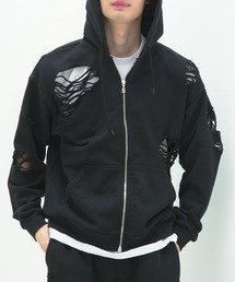 【SEQUENZ/シークエンズ】 【ダブルジップ仕様でアレンジの幅が広がる!】ダメージ加工スウェットジップパーカー フーディー グランジ ユーズド感 ヴィンテージ風 セットアップ対応 ストリート Y2K ユニセックス