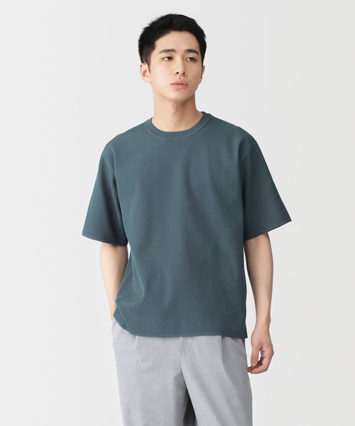 紳士 乾きやすい洗えるリブ編み半袖ニットTシャツ（ニット/セーター