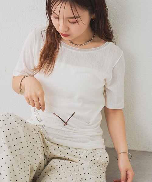 mystic(ミスティック)の「サイドギャザーシアーTシャツ(Tシャツ/カットソー・レディース・オフホワイト/ブラック/ピンク・FREE)」の7枚目の写真