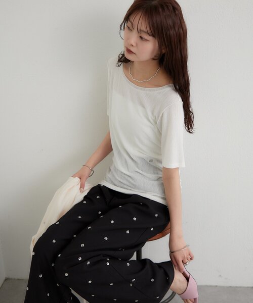 mystic(ミスティック)の「サイドギャザーシアーTシャツ(Tシャツ/カットソー・レディース・オフホワイト/ブラック/ピンク・FREE)」の9枚目の写真