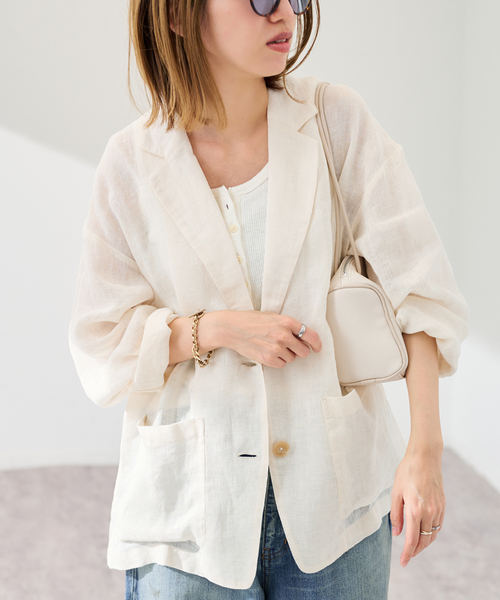 FRAMeWORK（フレームワーク）の「LINENメッシュジャケット（テーラードジャケット・レディース・ベージュ/ブラック・38/36）」の2枚目の写真