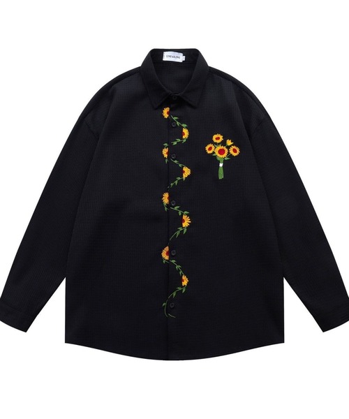 FreeZone(フリーゾーン)の「ひまわり刺繍デザイン オーバーサイズ 長袖シャツブラウス(シャツ/ブラウス・メンズ・ホワイト/ブラック・F)」の3枚目の写真
