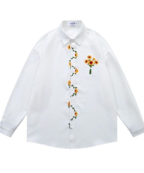 FreeZone(フリーゾーン)の「ひまわり刺繍デザイン オーバーサイズ 長袖シャツブラウス(シャツ/ブラウス・メンズ・ホワイト/ブラック・F)」の4枚目の写真