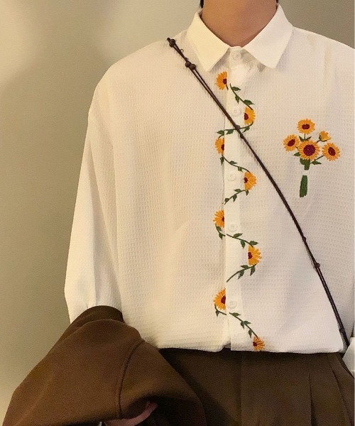 FreeZone(フリーゾーン)の「ひまわり刺繍デザイン オーバーサイズ 長袖シャツブラウス(シャツ/ブラウス・メンズ・ホワイト/ブラック・F)」の15枚目の写真