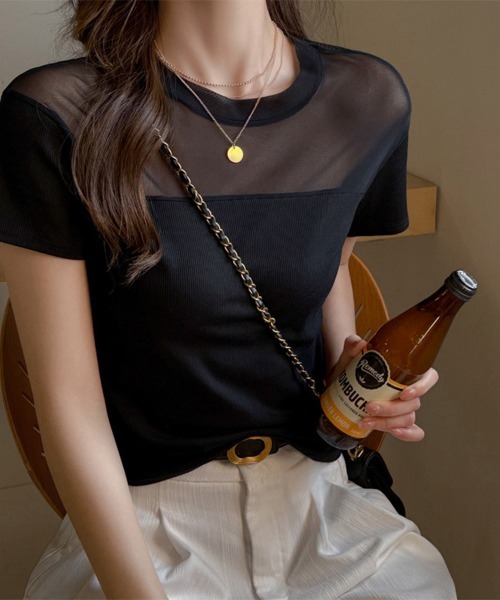 ONEP STAR(ワンピスター)の「メッシュ切り替えトップス(Tシャツ/カットソー・レディース・ブラック/ダークブラウン/ホワイト・X-LARGE/LARGE/MEDIUM)」の1枚目の写真
