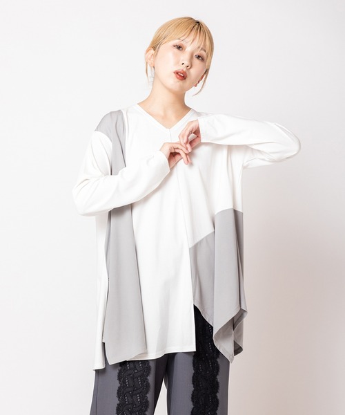 OSMOSIS(オズモーシス)の「アシンメトリー切替フレアープルオーバー(Tシャツ/カットソー・レディース・ブラック/ホワイト/チャコール・ONE SIZE)」の1枚目の写真