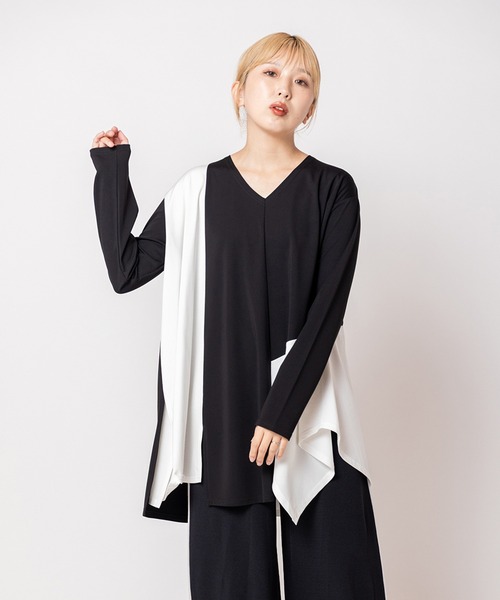 OSMOSIS(オズモーシス)の「アシンメトリー切替フレアープルオーバー(Tシャツ/カットソー・レディース・ブラック/ホワイト/チャコール・ONE SIZE)」の2枚目の写真