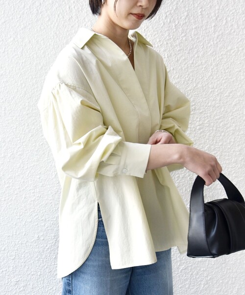 【新品】SHIPS ストライプ サイド スリット スキッパー コットン シャツ 手洗い可能〉無地 / ストライプ サイド スリット スキッパー コットン